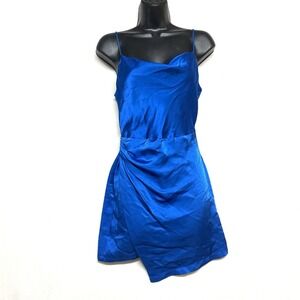 Zara Satin Dress Cobalt Royal Blue Mini Women XS Bloggers Fav Draped Slip Ruched
